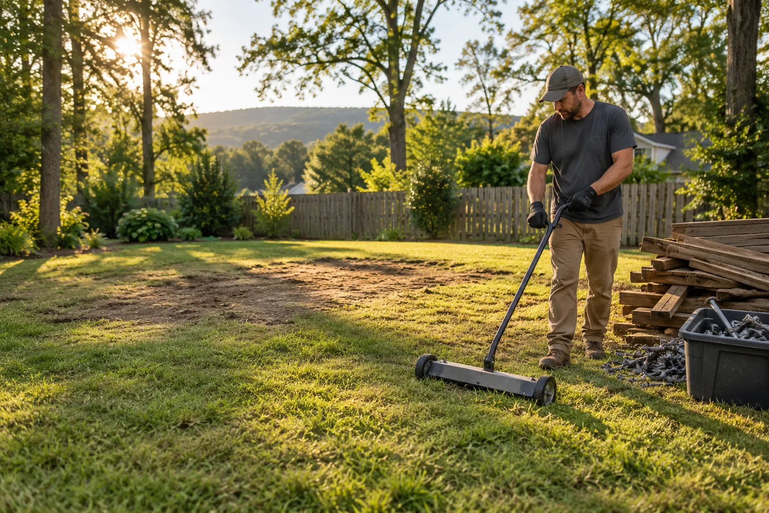 Worker checking a cleared backyard area with a magnetic sweep